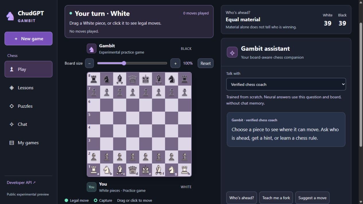 Real screenshot of Gambit's chess board, adjustable board-size control, material summary, and board-aware assistant