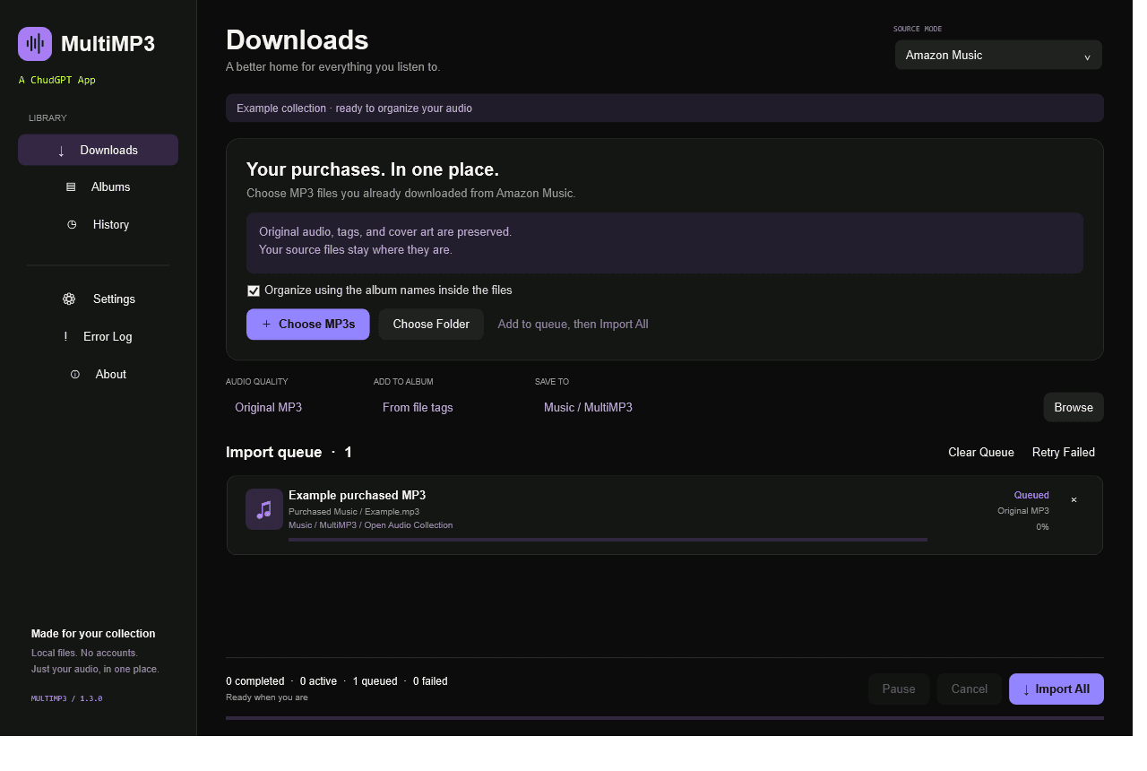 Purchased MP3 import screen in MultiMP3