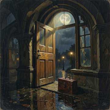 ÚLTIMO ÔNIBUS cover: an open door onto a rainy night
