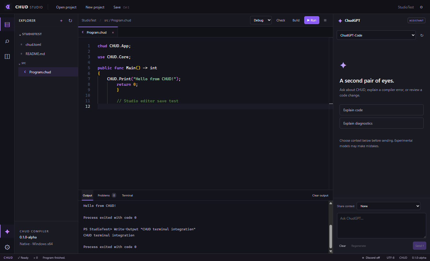 CHUD Studio alpha with the source editor, explorer, build output, and ChudGPT panel